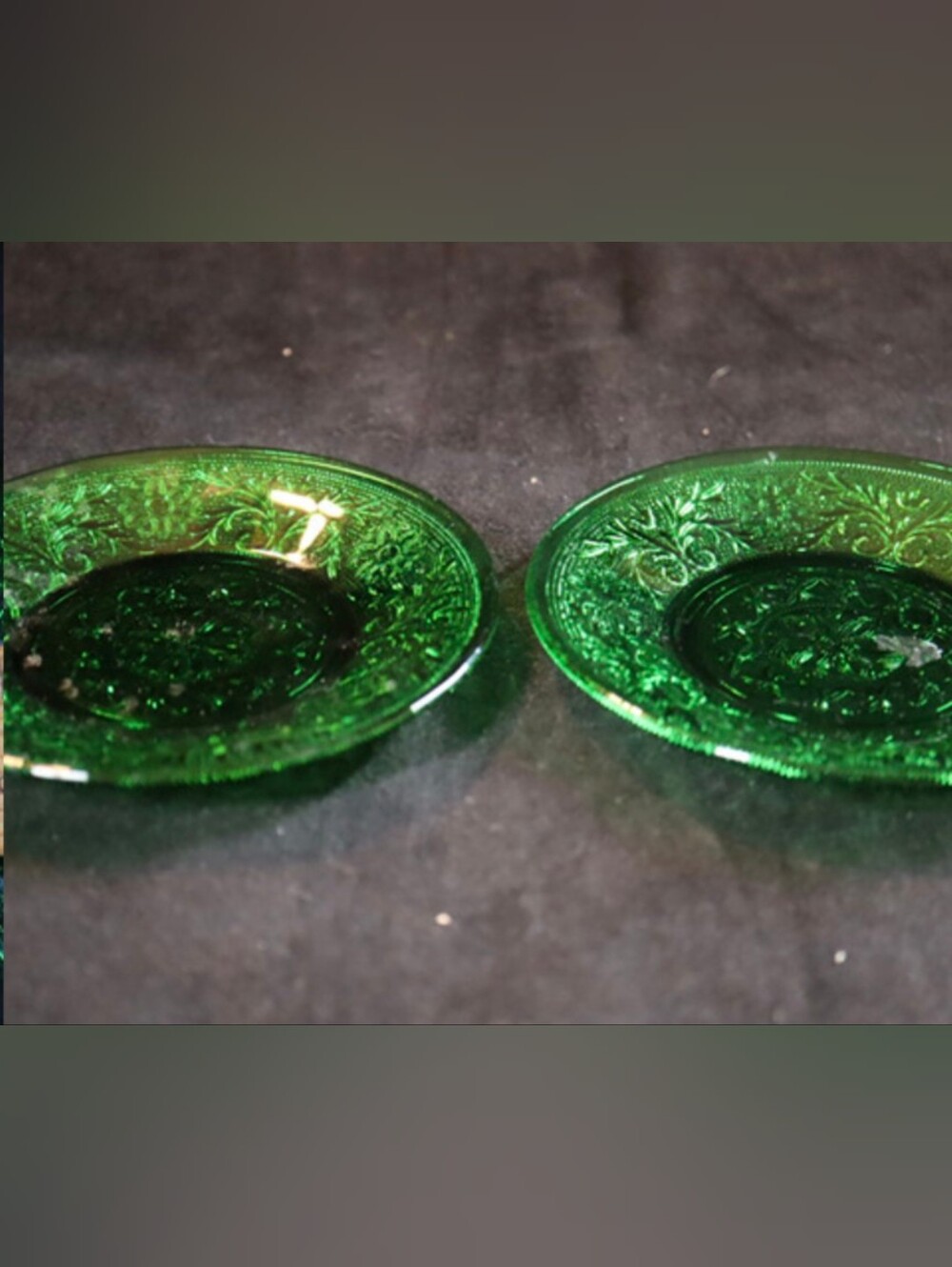 Vintage Anchor Hocking Forest Green Etched 4 ½" Glass Dessert Cup Plates